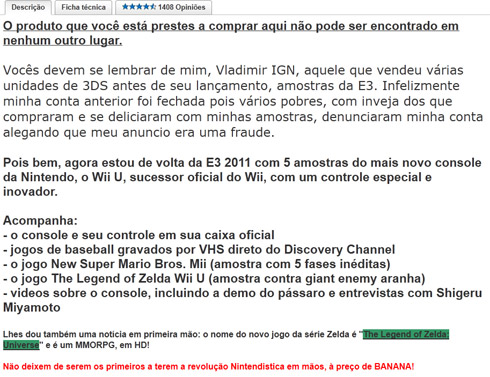 Vendedor Troll oferece Wii U no Mercado Livre