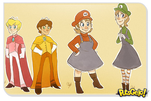 Personagens de Super Mario com gêneros trocados