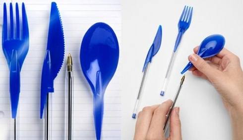 talheres em tampas de caneta bic