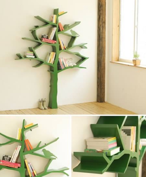 estante de livros em formato de árvore